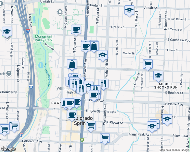 map of restaurants, bars, coffee shops, grocery stores, and more near 226 East Saint Vrain Street in Colorado Springs