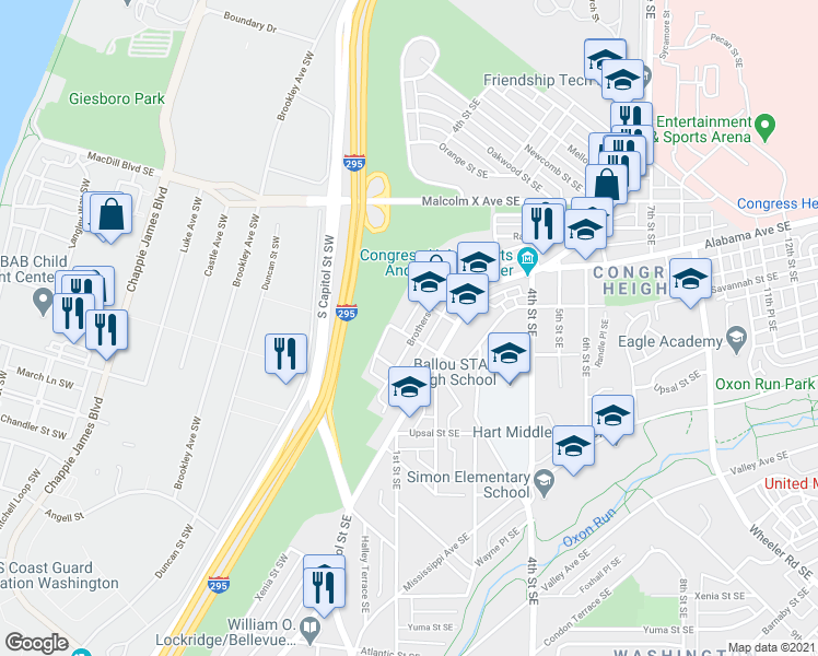 map of restaurants, bars, coffee shops, grocery stores, and more near 101 Independence Avenue Southeast in Washington