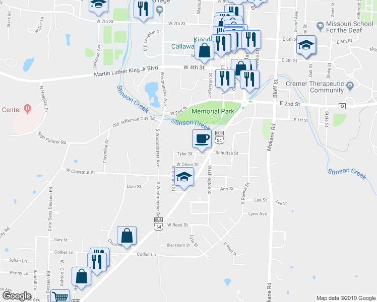 map of restaurants, bars, coffee shops, grocery stores, and more near 201 Tyler Street in Fulton