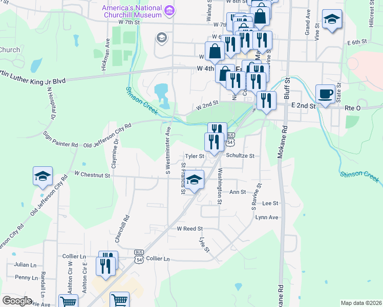 map of restaurants, bars, coffee shops, grocery stores, and more near 232 Saint Francis Street in Fulton