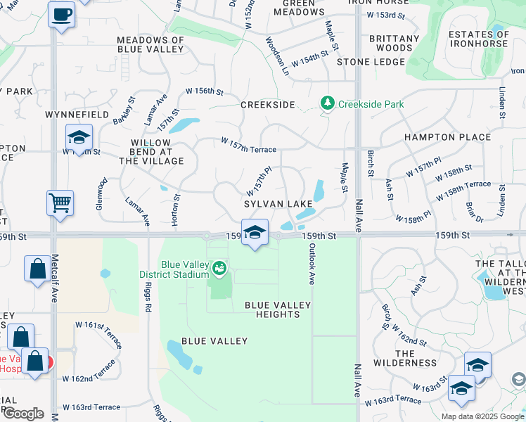 map of restaurants, bars, coffee shops, grocery stores, and more near 15804 Dearborn Street in Overland Park