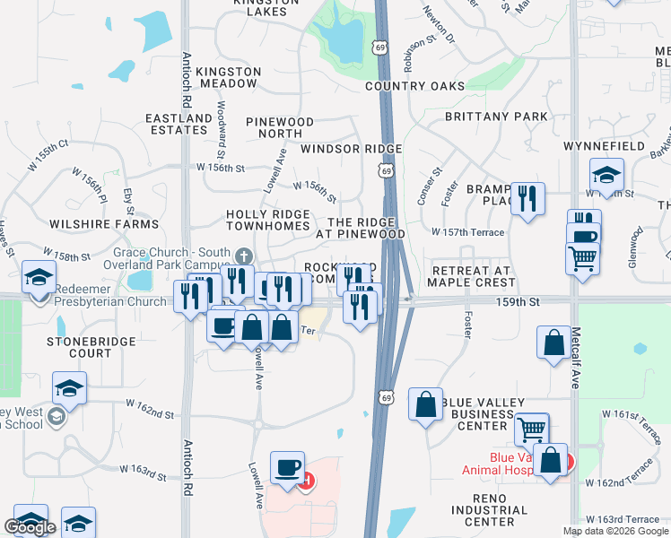 map of restaurants, bars, coffee shops, grocery stores, and more near 15869 Valley View Drive in Overland Park