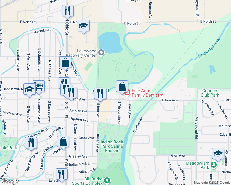 map of restaurants, bars, coffee shops, grocery stores, and more near 101-113 North Wisconsin Avenue in Salina