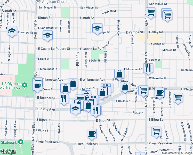 map of restaurants, bars, coffee shops, grocery stores, and more near 2436 East Willamette Avenue in Colorado Springs