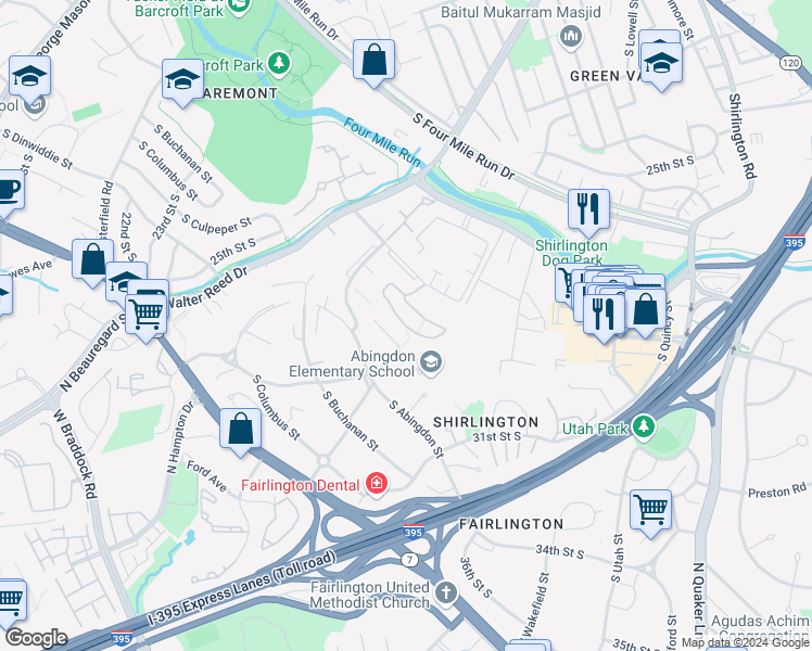 map of restaurants, bars, coffee shops, grocery stores, and more near South Woodstock Street in Arlington