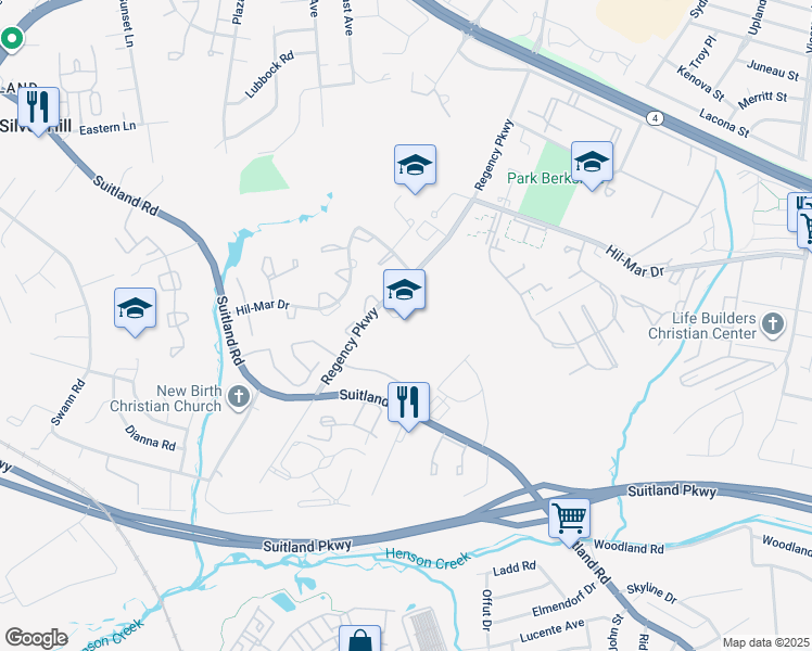 map of restaurants, bars, coffee shops, grocery stores, and more near 3500 Regency Parkway in District Heights