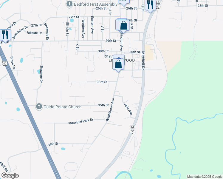 map of restaurants, bars, coffee shops, grocery stores, and more near 3325 Washington Avenue in Bedford