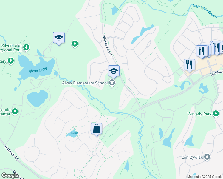 map of restaurants, bars, coffee shops, grocery stores, and more near 5300 Waverly Farm Drive in Haymarket