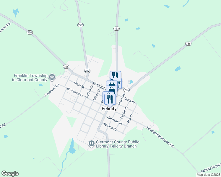 map of restaurants, bars, coffee shops, grocery stores, and more near 422 West Light Street in Felicity