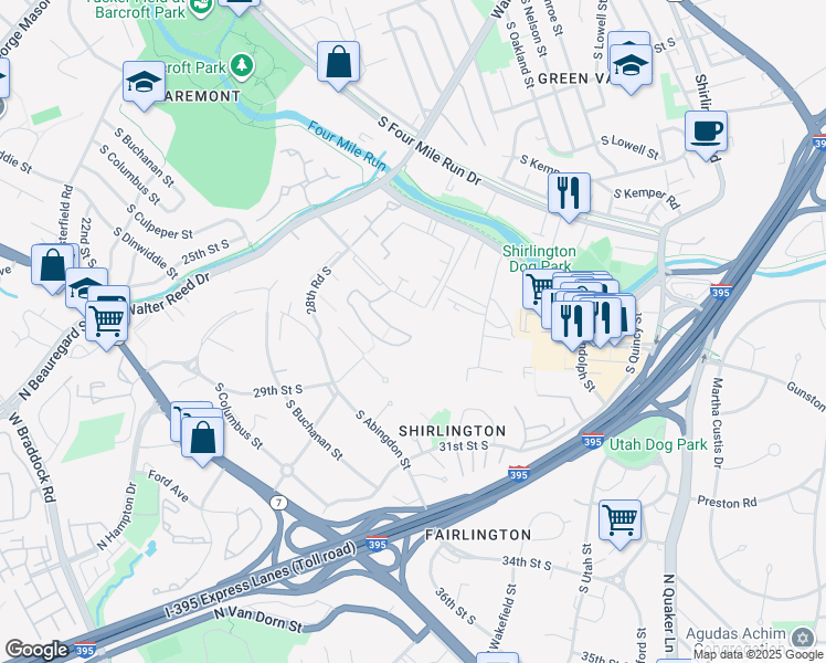 map of restaurants, bars, coffee shops, grocery stores, and more near 2921 South Woodley Street in Arlington