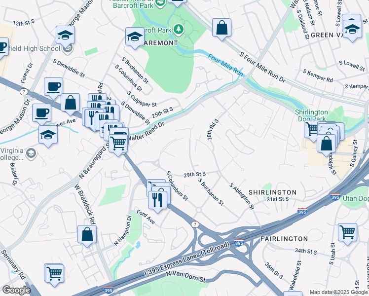 map of restaurants, bars, coffee shops, grocery stores, and more near 2818 South Buchanan Street in Arlington