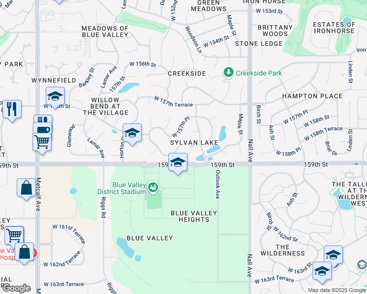 map of restaurants, bars, coffee shops, grocery stores, and more near 15804 Dearborn Street in Overland Park