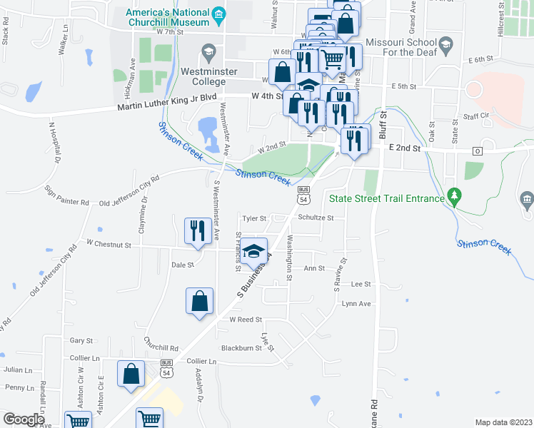 map of restaurants, bars, coffee shops, grocery stores, and more near 201 Tyler Street in Fulton