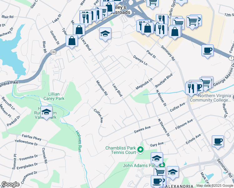 map of restaurants, bars, coffee shops, grocery stores, and more near 3808 Lacy Boulevard in Falls Church