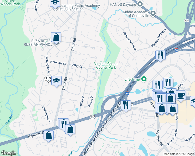 map of restaurants, bars, coffee shops, grocery stores, and more near 14556 Woodgate Manor Circle in Centreville