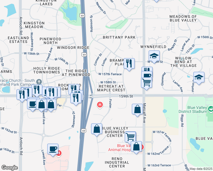 map of restaurants, bars, coffee shops, grocery stores, and more near 7646 West 158th Terrace in Overland Park