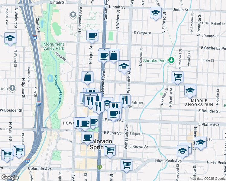 map of restaurants, bars, coffee shops, grocery stores, and more near 510 North Weber Street in Colorado Springs