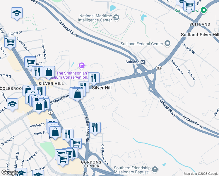 map of restaurants, bars, coffee shops, grocery stores, and more near 3613 Silver Park Dr in Suitland