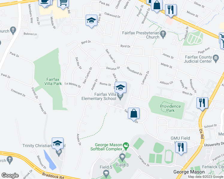 map of restaurants, bars, coffee shops, grocery stores, and more near 4330 Alta Vista Drive in Fairfax