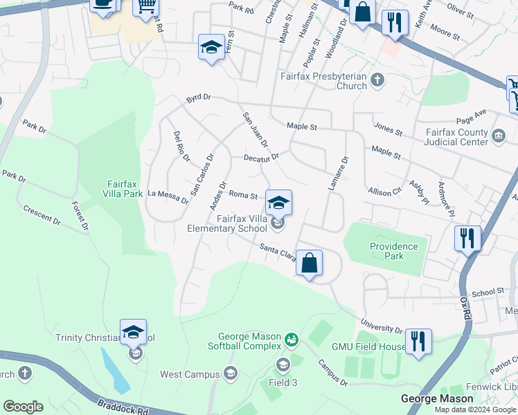 map of restaurants, bars, coffee shops, grocery stores, and more near 4330 Alta Vista Drive in Fairfax