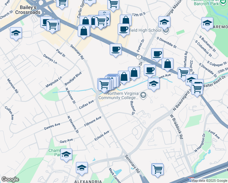 map of restaurants, bars, coffee shops, grocery stores, and more near 3817 South George Mason Drive in Falls Church