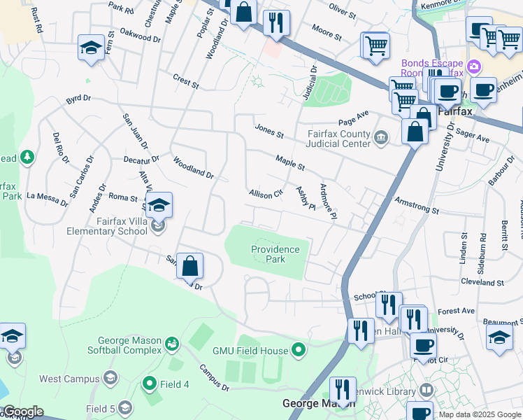 map of restaurants, bars, coffee shops, grocery stores, and more near 10723 West Drive in Fairfax