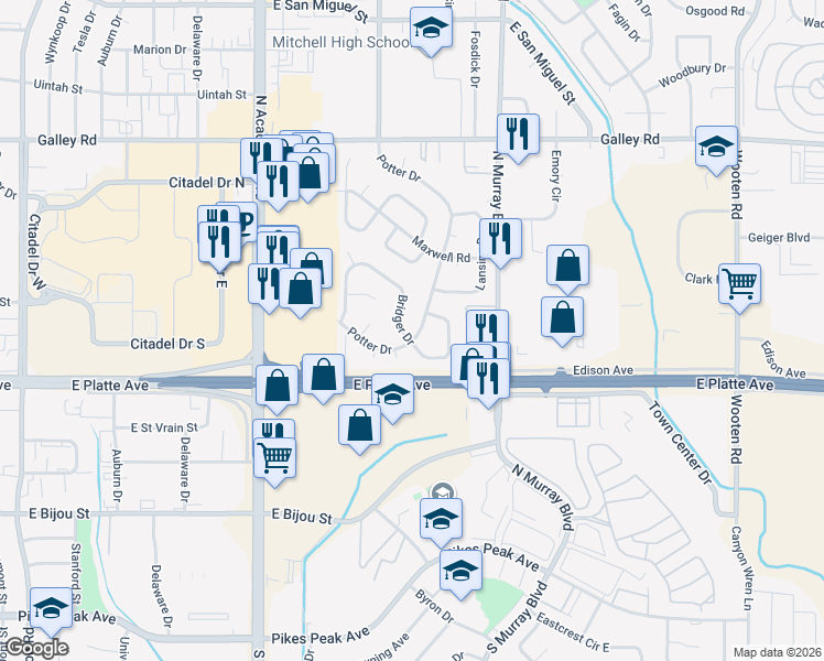 map of restaurants, bars, coffee shops, grocery stores, and more near 561 Potter Drive in Colorado Springs