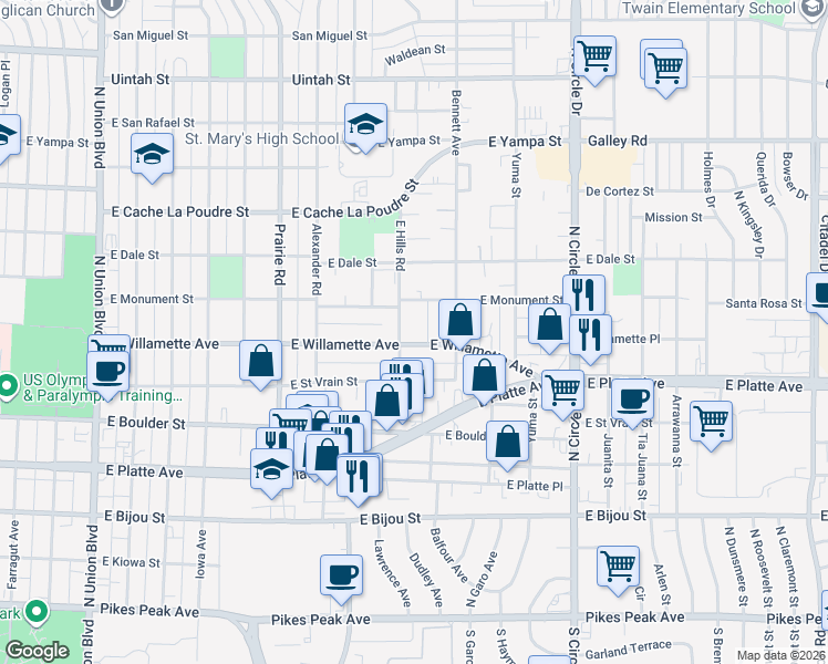 map of restaurants, bars, coffee shops, grocery stores, and more near 2502 East Willamette Avenue in Colorado Springs