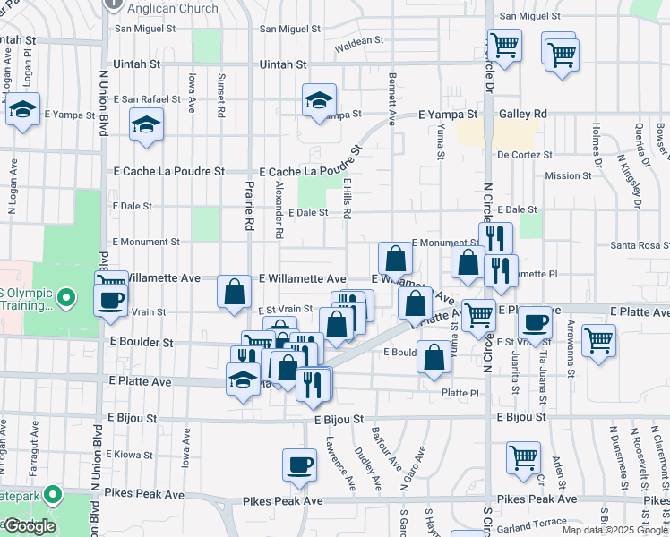 map of restaurants, bars, coffee shops, grocery stores, and more near 2502 East Willamette Avenue in Colorado Springs