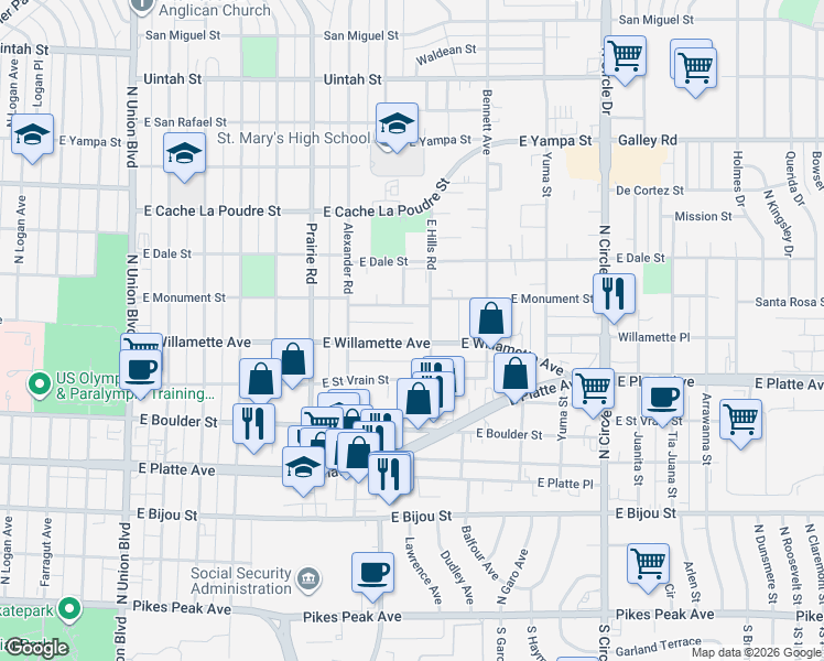 map of restaurants, bars, coffee shops, grocery stores, and more near 2436 East Willamette Avenue in Colorado Springs