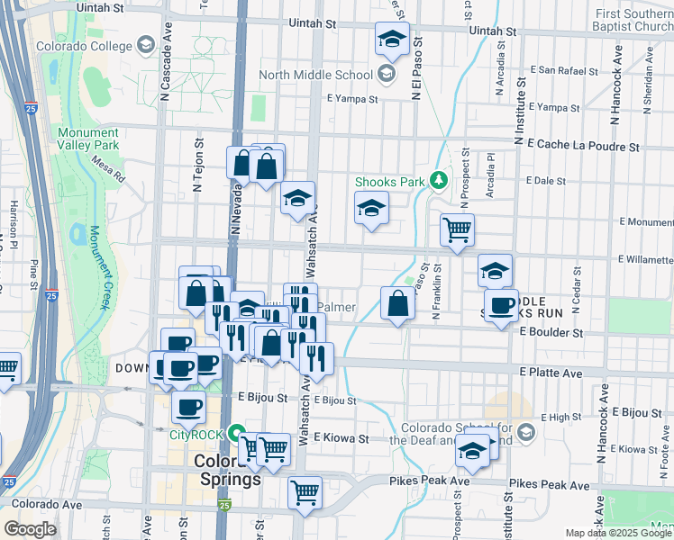 map of restaurants, bars, coffee shops, grocery stores, and more near in Colorado Springs
