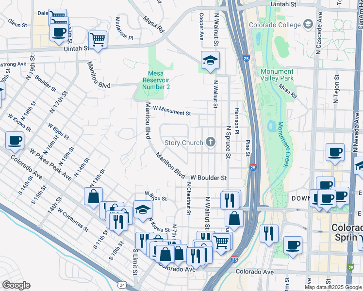 map of restaurants, bars, coffee shops, grocery stores, and more near 610 Mountain Avenue in Colorado Springs