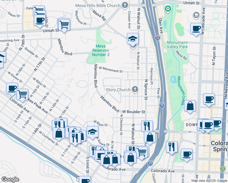 map of restaurants, bars, coffee shops, grocery stores, and more near 610 Mountain Avenue in Colorado Springs
