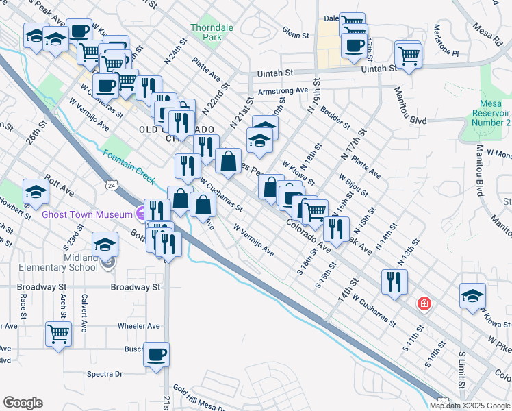 map of restaurants, bars, coffee shops, grocery stores, and more near 1723 West Colorado Avenue in Colorado Springs