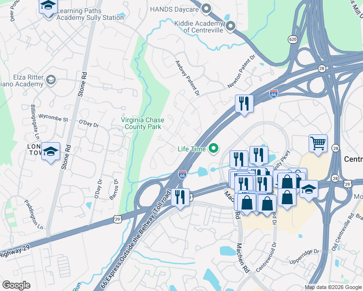 map of restaurants, bars, coffee shops, grocery stores, and more near 14400 Hardee Chambliss Court in Centreville
