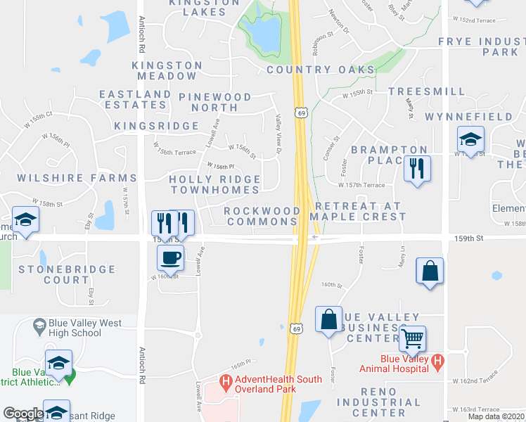 map of restaurants, bars, coffee shops, grocery stores, and more near 15869 Valley View Drive in Overland Park