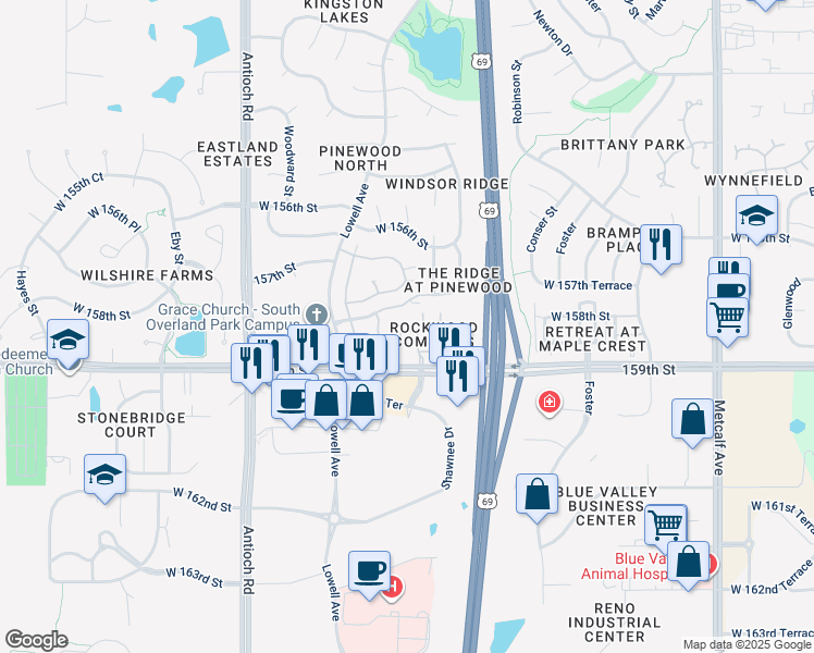 map of restaurants, bars, coffee shops, grocery stores, and more near 7866 West 158th Court in Overland Park