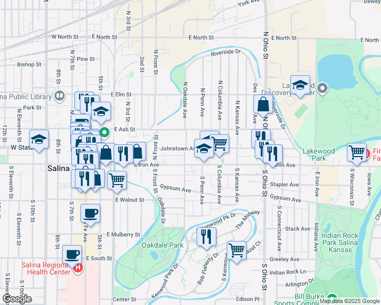 map of restaurants, bars, coffee shops, grocery stores, and more near 106 North Oakdale Avenue in Salina