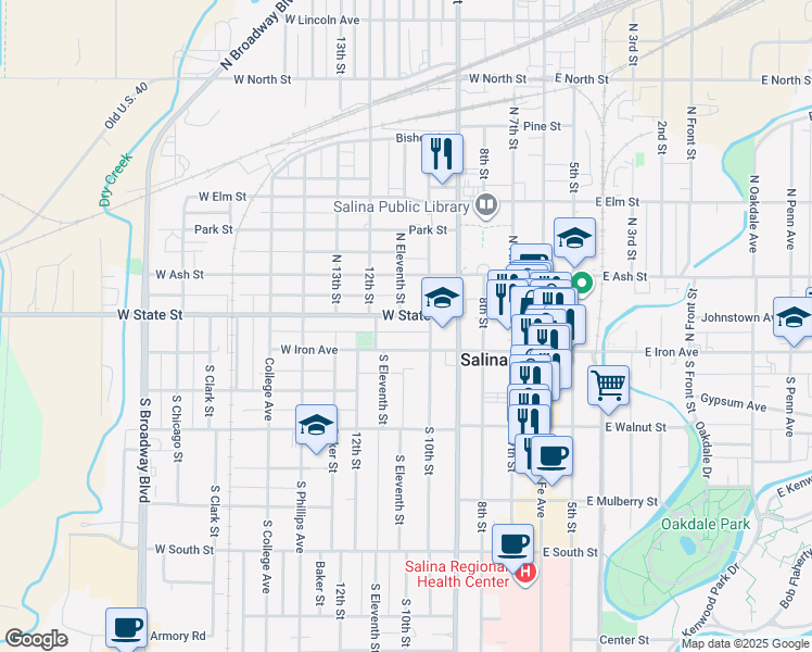map of restaurants, bars, coffee shops, grocery stores, and more near 500 West Iron Avenue in Salina