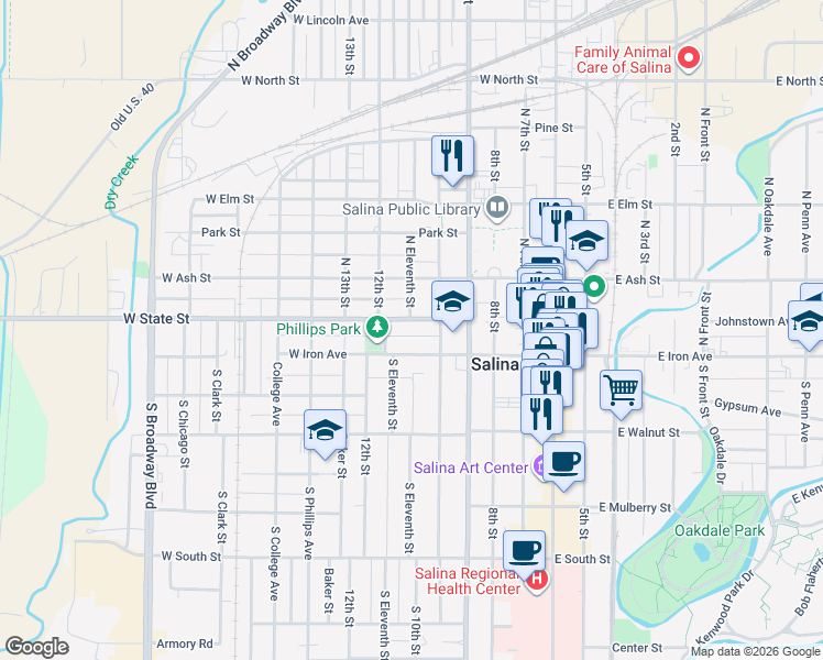 map of restaurants, bars, coffee shops, grocery stores, and more near 500 West Iron Avenue in Salina