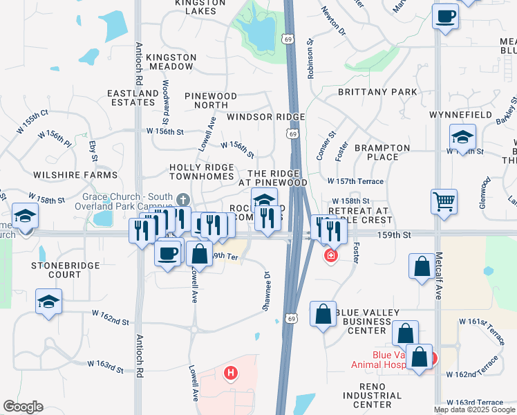 map of restaurants, bars, coffee shops, grocery stores, and more near 15852 Valley View Drive in Overland Park