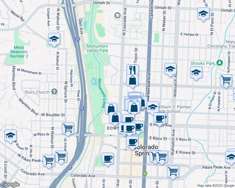 map of restaurants, bars, coffee shops, grocery stores, and more near 22 West Saint Vrain Street in Colorado Springs