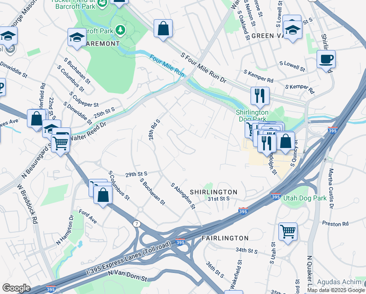 map of restaurants, bars, coffee shops, grocery stores, and more near 2923 South Woodstock Street in Arlington