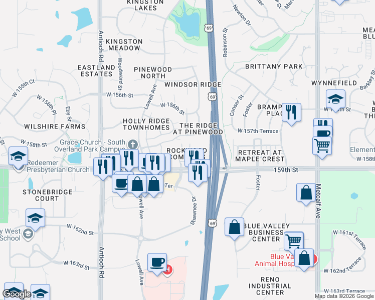 map of restaurants, bars, coffee shops, grocery stores, and more near 15869 Valley View Drive in Overland Park