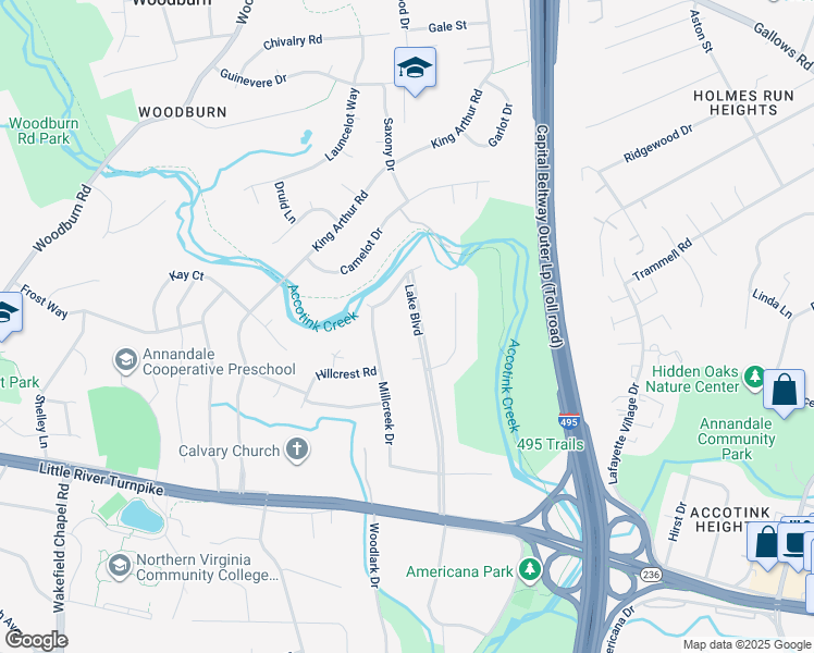 map of restaurants, bars, coffee shops, grocery stores, and more near 3810 Lake Boulevard in Annandale