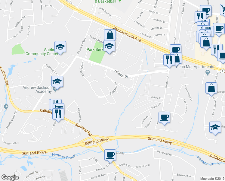 map of restaurants, bars, coffee shops, grocery stores, and more near 6204 East Hil Mar Circle in District Heights