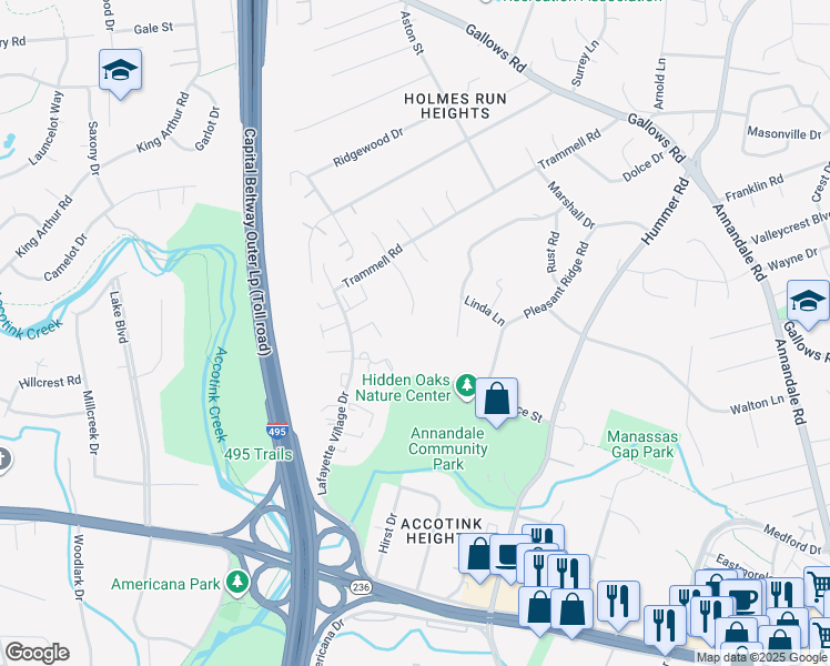 map of restaurants, bars, coffee shops, grocery stores, and more near 3718 Merrimac Trail in Annandale