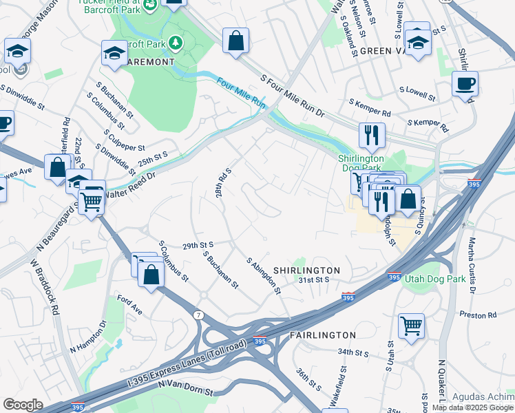 map of restaurants, bars, coffee shops, grocery stores, and more near South Woodstock Street in Arlington