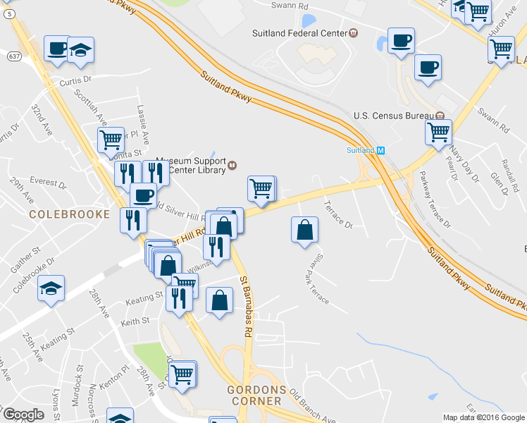 map of restaurants, bars, coffee shops, grocery stores, and more near 4037 Silver Hill Rd in Suitland