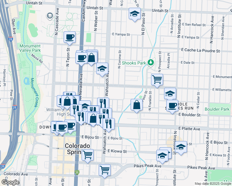 map of restaurants, bars, coffee shops, grocery stores, and more near in Colorado Springs